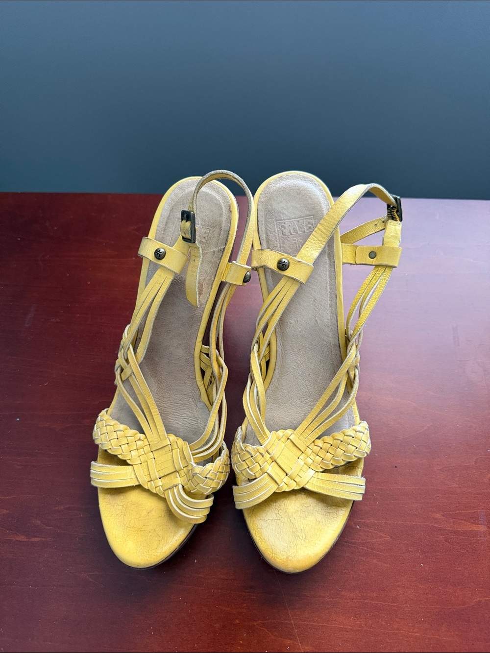 Frye Yellow Braided Strappy Heeled Sandals
